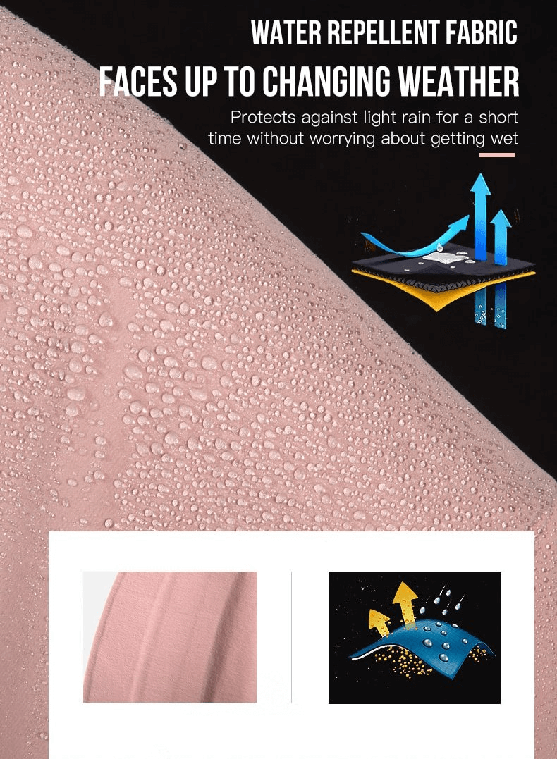 Close-up of water repellent fabric showing waterproof features of Women's Sports Jacket, ideal for running and outdoor activities.